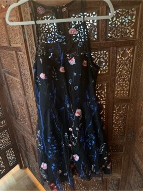 My Michelle Black Mesh Midi Dress with Blue and Pink Floral Embroidery